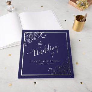 Elegant Calligraphy Navy Blue Silver Foil Wedding Guest Book