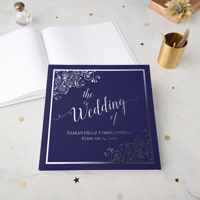 Elegant Calligraphy Navy Blue Silver Foil Wedding Guest Book (Front Open)
