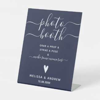 Elegant Calligraphy Navy Blue Wedding Photobooth Pedestal Sign