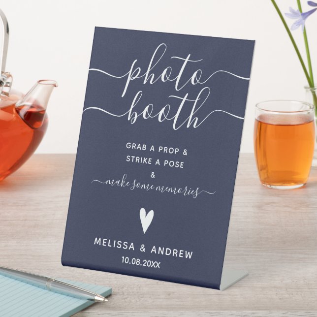 Elegant Calligraphy Navy Blue Wedding Photobooth Pedestal Sign (In SItu)