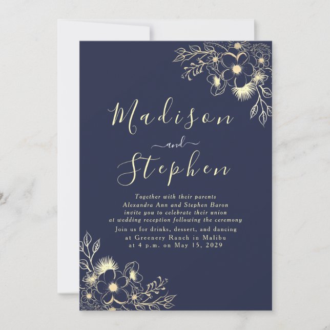 Elegant Calligraphy Navy Blue Wedding Reception Invitation (Front)