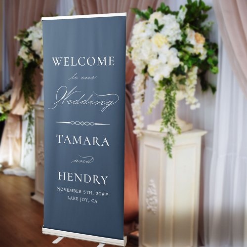 Elegant Calligraphy Navy Blue Wedding Welcome Retractable Banner