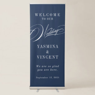 Elegant Calligraphy Navy Blue Wedding Welcome Retractable Banner