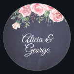 Elegant calligraphy navy blush floral wedding classic round sticker<br><div class="desc">Classic chic calligraphy elegant couple's names wedding favor label or envelope seal round sticker featuring a blush pink watercolor roses bouquet against a dark navy blue chalkboard background.          Personalize with the bride's and groom's names!</div>