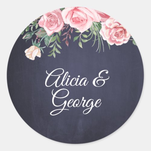 Elegant calligraphy navy blush floral wedding classic round sticker