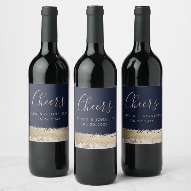Elegant Calligraphy, Navy, Gold Foil Wedding Wine Label (Bottles)