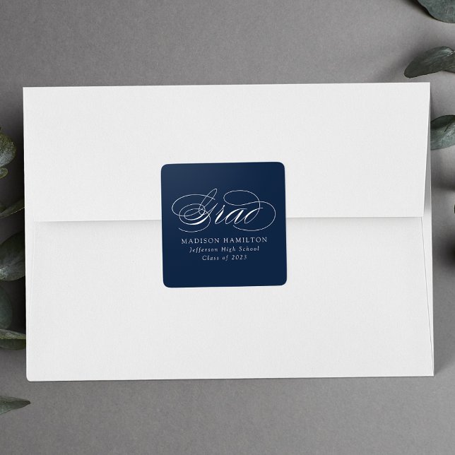 Elegant Calligraphy Navy Graduation Square Sticker (Creator Uploaded)