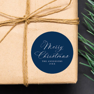 Elegant Calligraphy Navy Merry Christmas Classic Round Sticker