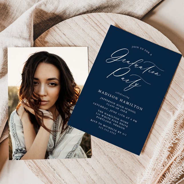 Elegant Calligraphy Navy Photo Graduation Party Invitation (Creator Uploaded)