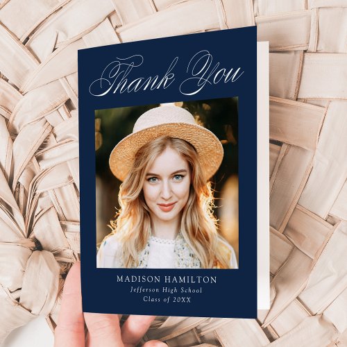 Elegant Calligraphy Navy Photo Graduation Thank You Card