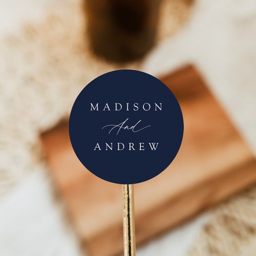 Elegant Calligraphy Navy Wedding Classic Round Sticker