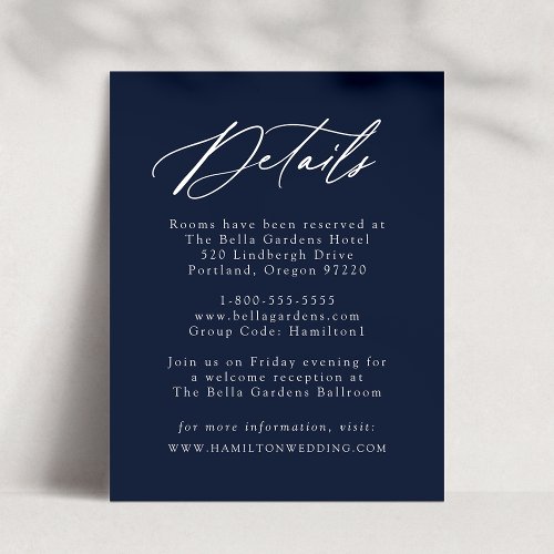 Elegant Calligraphy Navy Wedding Details Enclosure Card
