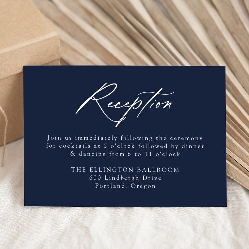 Elegant Calligraphy Navy Wedding Reception Enclosure Card