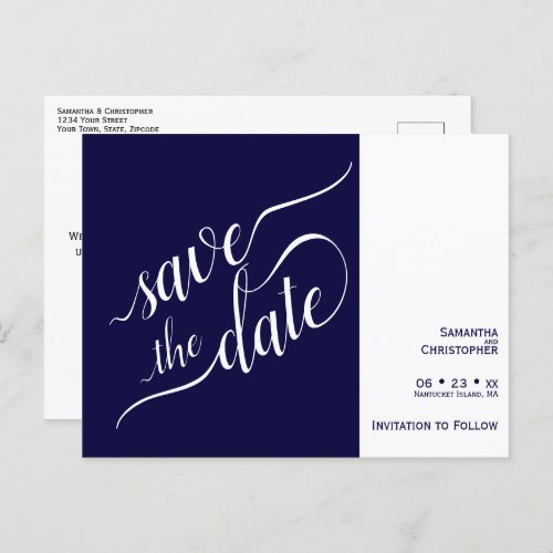 Elegant Calligraphy Navy Wedding Save the Date Announcement Postcard