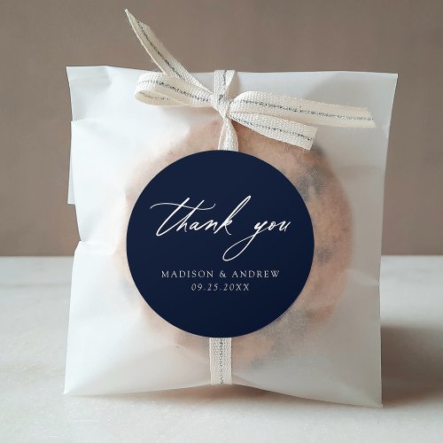 Elegant Calligraphy Navy Wedding Thank You Classic Round Sticker