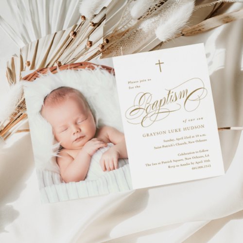 Elegant Calligraphy Neutral Gold Photo Baptism Invitation