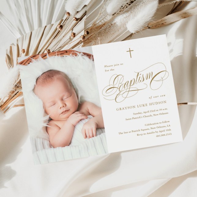 Elegant Calligraphy Neutral Gold Photo Baptism Invitation (Elegant calligraphy baby photo baptism invitation.)