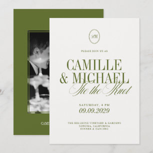 Elegant Calligraphy Olive Green Photo Wedding Invitation