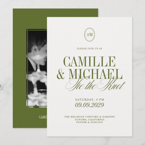 Elegant Calligraphy Olive Green Photo Wedding Invitation