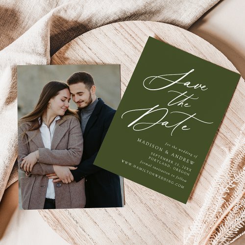 Elegant Calligraphy Olive Green Photo Wedding Save The Date