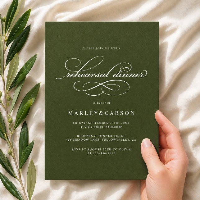 Elegant Calligraphy Olive Green Rehearsal Dinner Invitation (Creator Uploaded)