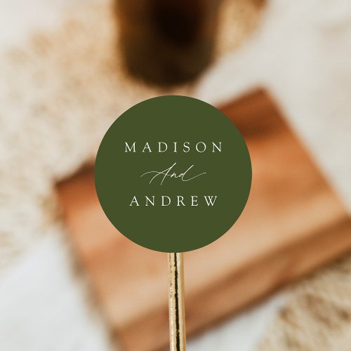 Elegant Calligraphy Olive Green Wedding Classic Round Sticker