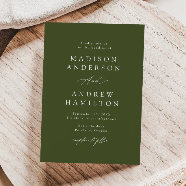 Elegant Calligraphy Olive Green Wedding Invitation | Zazzle