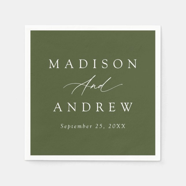 Elegant Calligraphy Olive Green Wedding Napkins (Front)