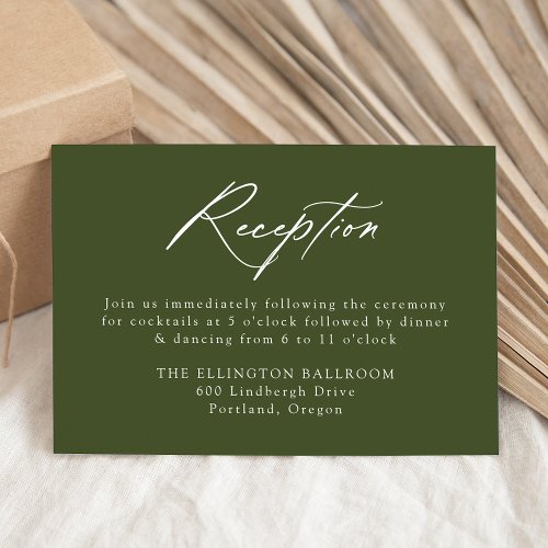 Elegant Calligraphy Olive Green Wedding Reception Enclosure Card