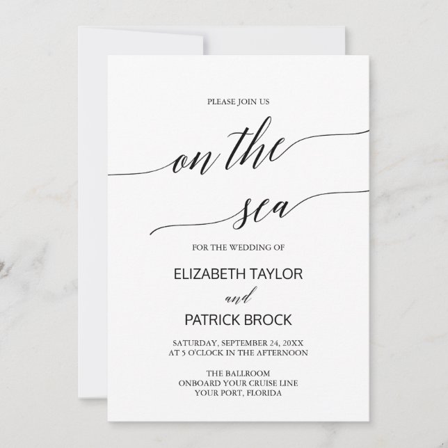 Elegant Calligraphy On The Sea Cruise Wedding Invitation (Front)