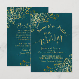 Elegant Calligraphy Ornate Teal and Gold Wedding Save The Date