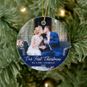 Elegant Calligraphy Our First Christmas Blue Ceramic Ornament