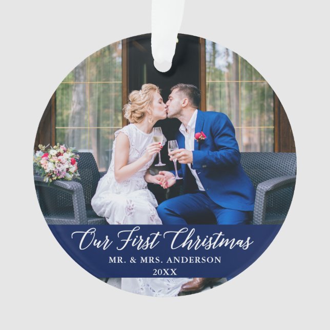 Elegant Calligraphy Our First Christmas Blue Ornament (Front)