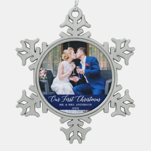 Elegant Calligraphy Our First Christmas Blue Snowflake Pewter Christmas Ornament
