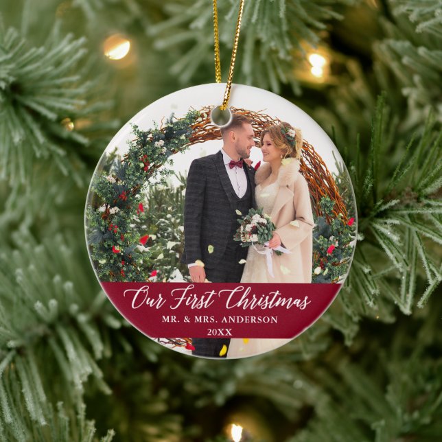 Elegant Calligraphy Our First Christmas Burgundy Ceramic Ornament (Tree)