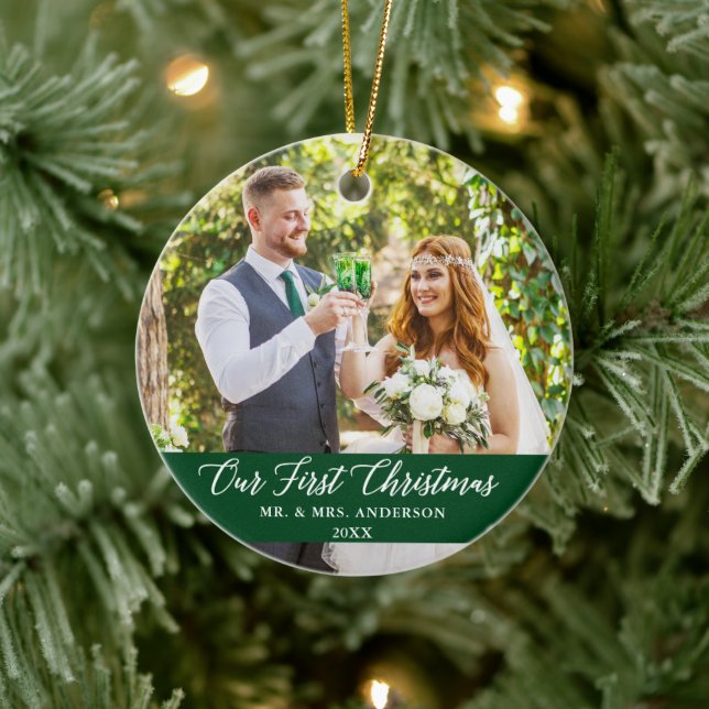 Elegant Calligraphy Our First Christmas Green Ceramic Ornament (Tree)