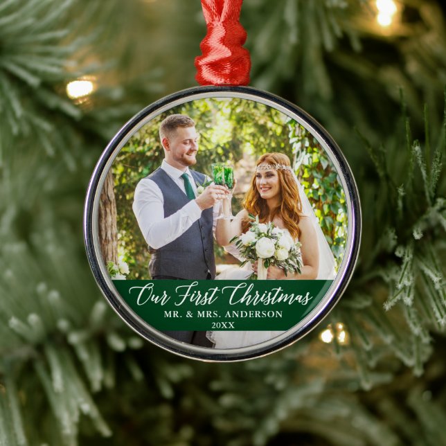 Elegant Calligraphy Our First Christmas Green Metal Ornament (Tree)