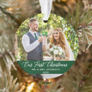 Elegant Calligraphy Our First Christmas Green Ornament