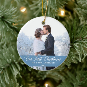 Elegant Calligraphy Our First Christmas Light Blue Ceramic Ornament