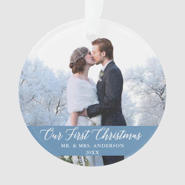 Elegant Calligraphy Our First Christmas Light Blue Ornament (Front)