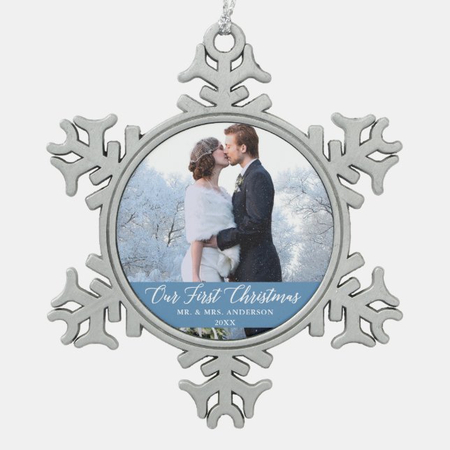 Elegant Calligraphy Our First Christmas Light Blue Snowflake Pewter Christmas Ornament (Front)