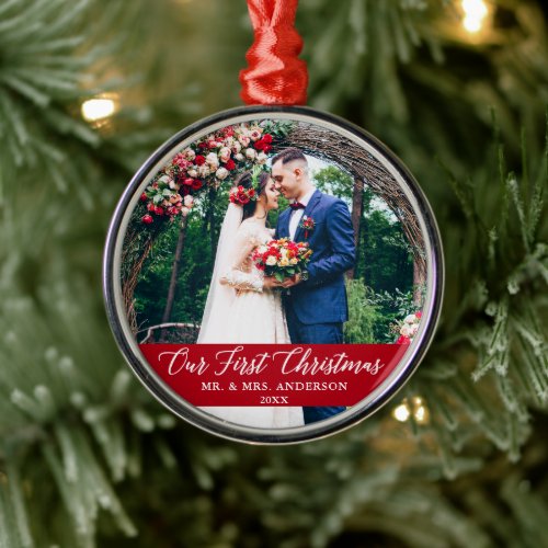Elegant Calligraphy Our First Christmas Photo Red Metal Ornament
