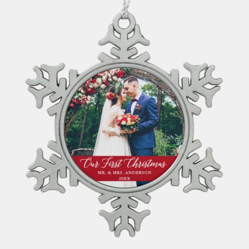 Elegant Calligraphy Our First Christmas Photo Red Snowflake Pewter Christmas Ornament