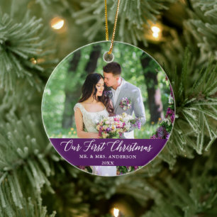 Elegant Calligraphy Our First Christmas Purple Ceramic Ornament