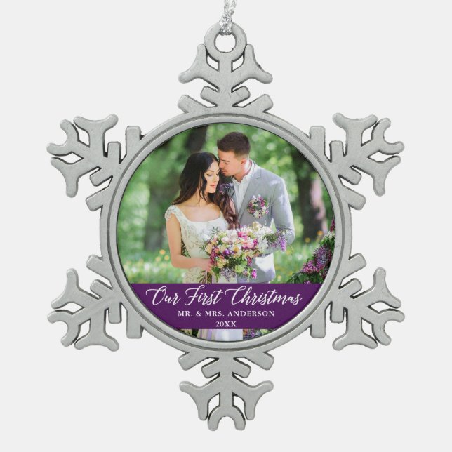 Elegant Calligraphy Our First Christmas Purple Snowflake Pewter Christmas Ornament (Front)
