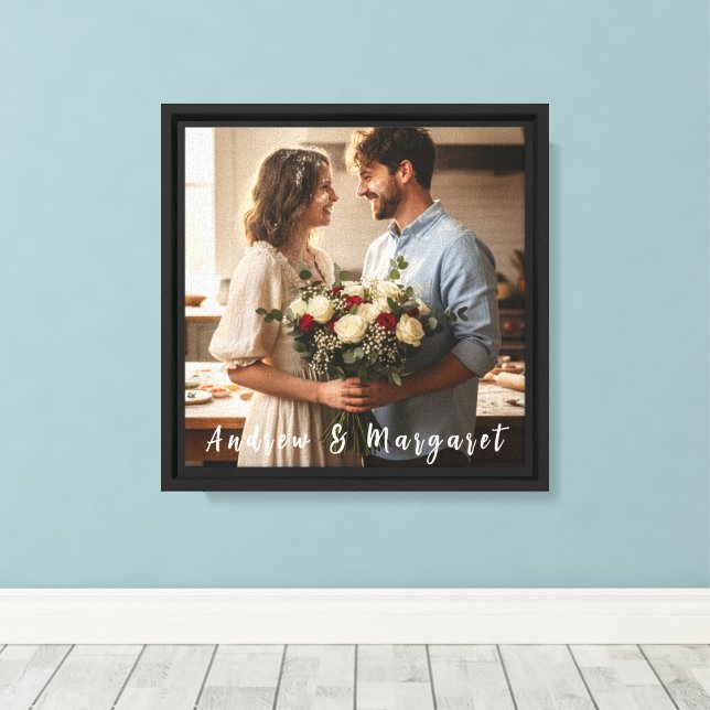 Elegant Calligraphy Overlay Couple Photo Art  Canvas Print (Insitu(Wood Floor))