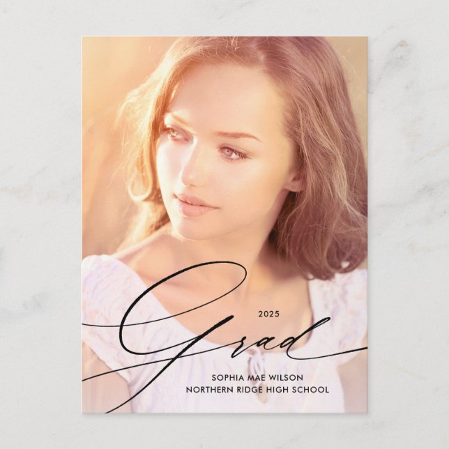 Elegant Calligraphy Overlay Full Photo Graduation Postcard (Front)