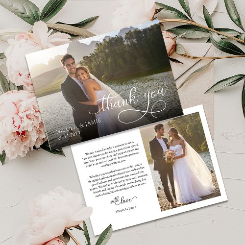 Elegant Calligraphy Overlay Modern 2 Wedding Photo Thank You Card