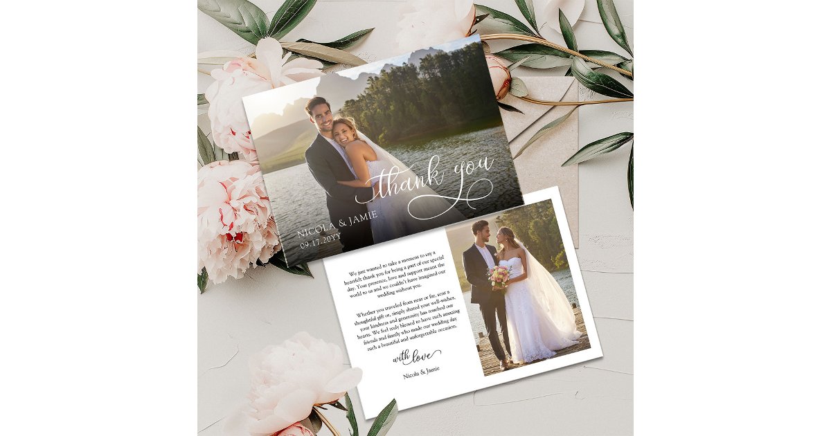Elegant Calligraphy Overlay Modern 2 Wedding Photo Thank You Card | Zazzle
