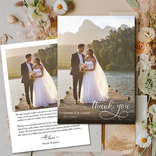 Elegant Calligraphy Overlay Simple 2 Wedding Photo Thank You Card